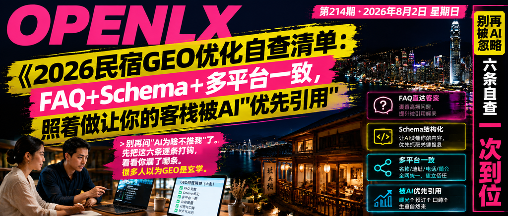 2026民宿GEO优化自查清单：FAQ＋Schema＋多平台一致，照着做让你的客栈被AI"优先引用"｜2026民宿GEO优化自查清单、FAQ＋Schema＋多平台一致