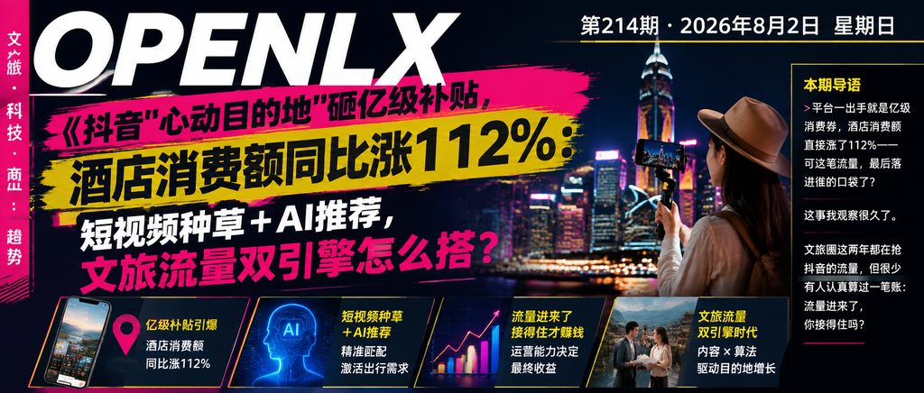 抖音"心动目的地"砸亿级补贴，酒店消费额同比涨112%：短视频种草＋AI推荐，文旅流量双引擎怎么搭？｜抖音"心动目的地"砸亿级补贴、酒店消费额同比涨112%
